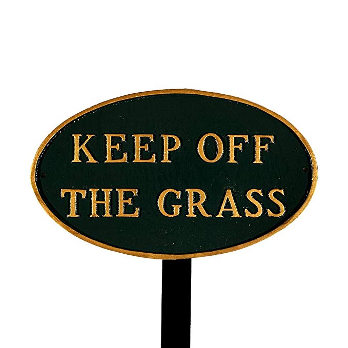 Montague Metal Products SP-28sm-HGG-LS Small Hunter Green and Gold Keep Off The Grass Oval Statement Plaque with 23-Inch Lawn Stake