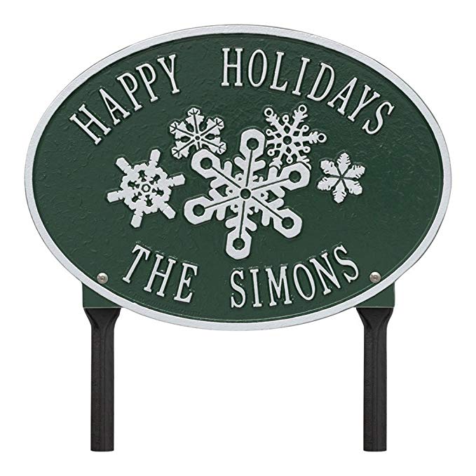 Whitehall Personalized Oval Snowflake Custom Cast Metal Lawn Plaque Sign - Green/Silver