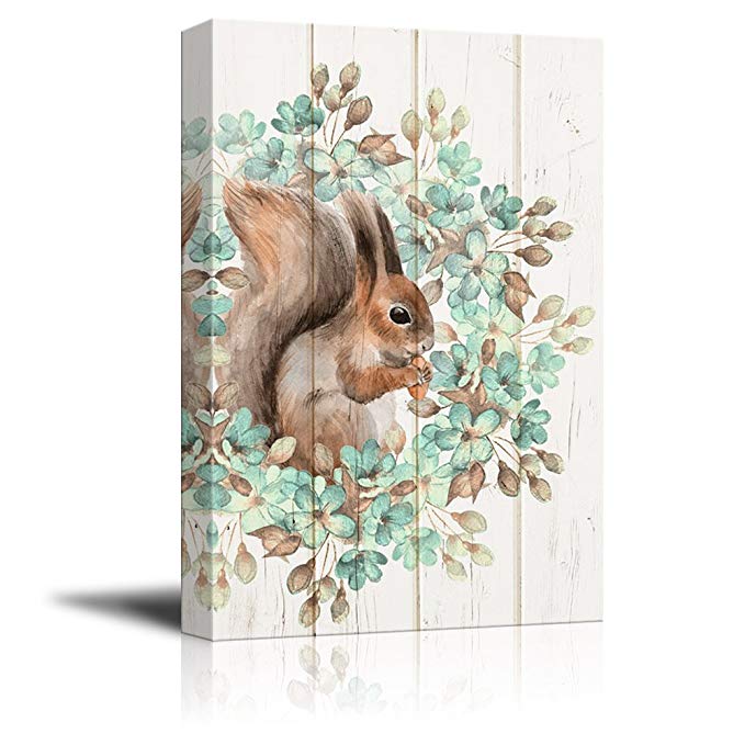 wall26 Canvas Wall Art - Retro Style Squirrel and Plant - Giclee Print Gallery Wrap Modern Home Decor Ready to Hang - 12x18 inches