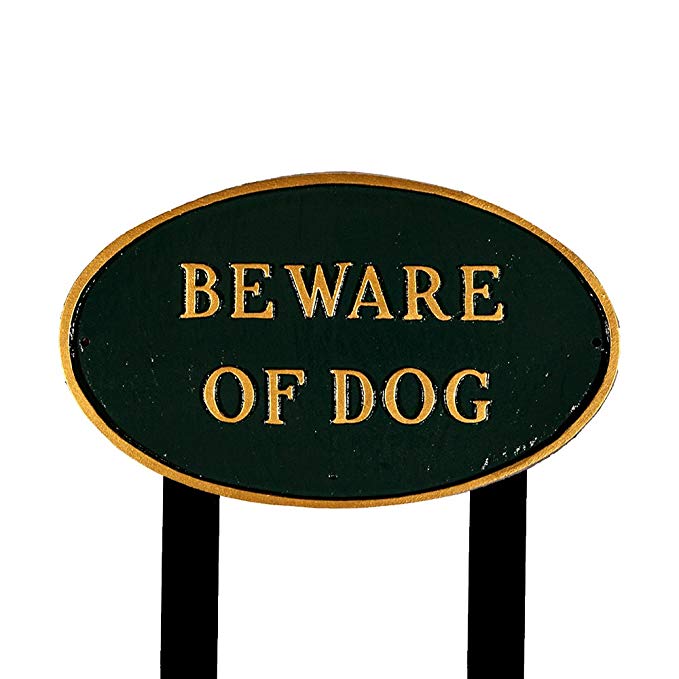 Montague Metal Products SP-5L-HGG-LS Large Hunter Green and Gold Beware of Dog Oval Statement Plaque with 2 23-Inch Lawn Stake