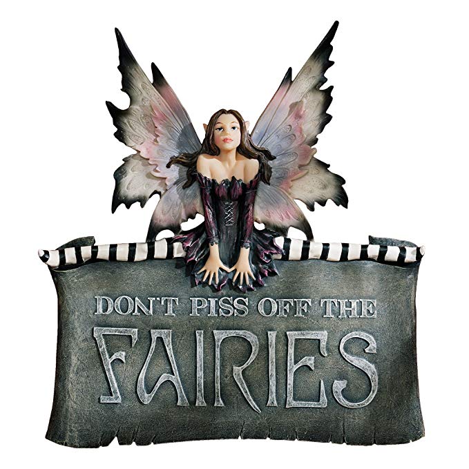 Design Toscano Don't Piss Off the Fairies Wall Sculpture Plaque Sign, 11 Inch, Polyresin, Full Color