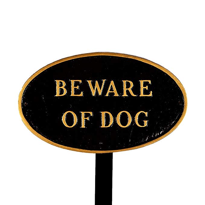 Montague Metal Products SP-5sm-BG-LS Small Black and Gold Beware of Dog Oval Statement Plaque with 23-Inch Lawn Stake