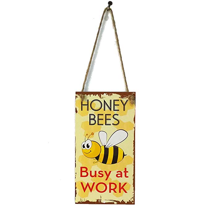 MuLuo Spring Bee Busy At Work Letter Wooden Plaque Wall Decor Hanging Pendant Sign Board for Garden Plank Decoration